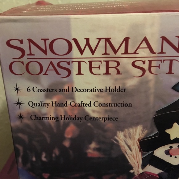 SNOWMAN COASTER SET 6 Wooden Cork Coasters Holder w/fabric scarfs, hats & bows - Picture 6 of 10